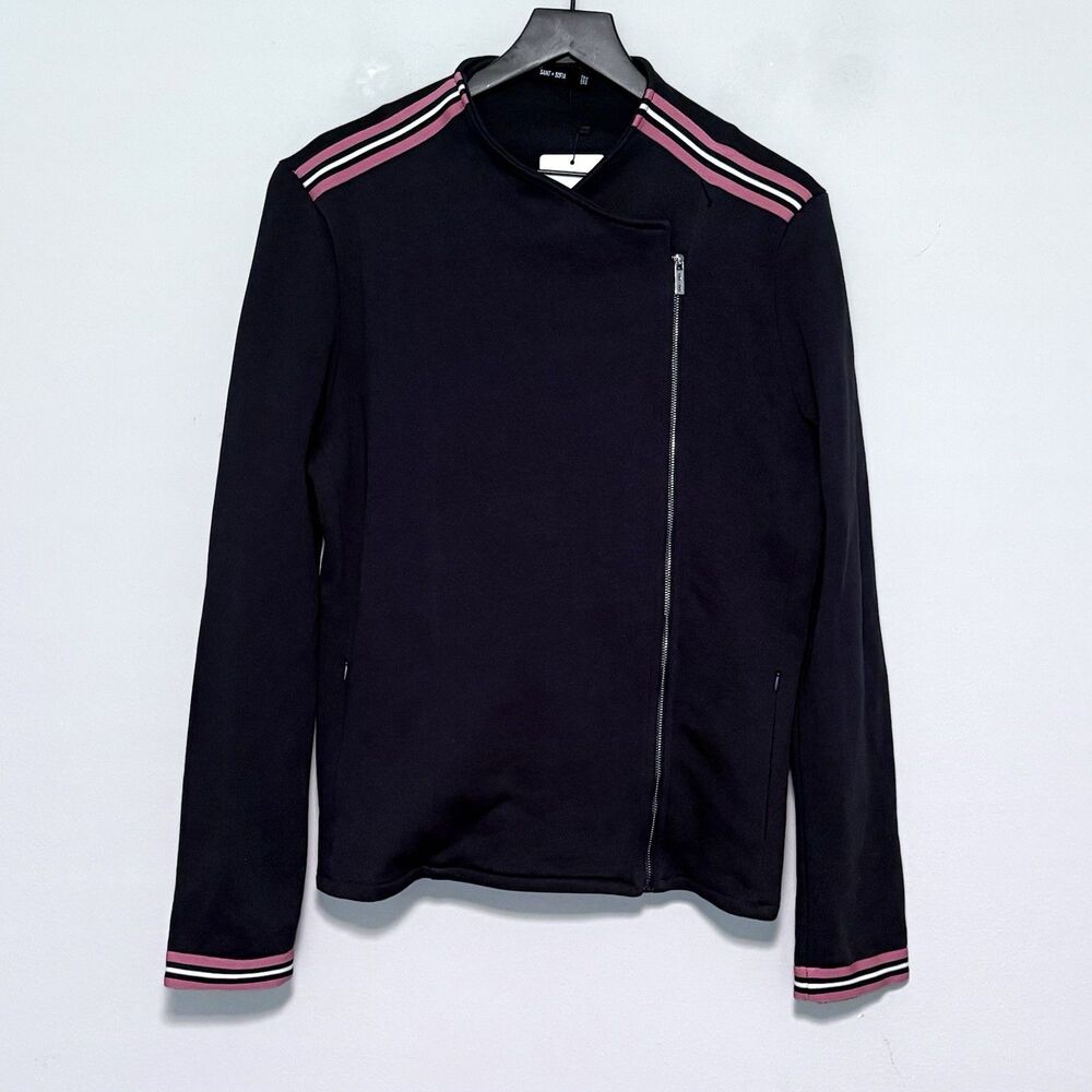 NWT Saint + Sofia Organic Cotton Biker Moto Jacket Sz 12 Navy Offset Zip